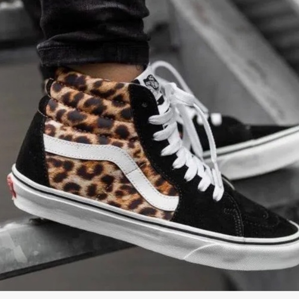 Vans Leopard Print High-Top Sneakers in Black, White, Brown